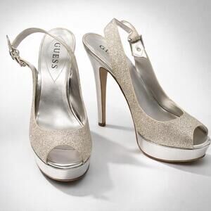 GUESS Silver Glitter High Heels - Open Toe Slingback 6.5